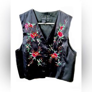 Vintage Carole Little Silk Floral and Bird Black Vest (Size 6) EUC